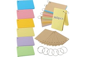 THBOXES Flash Cards, 360 PCS Ruled Index Cards Revision Cards with Binder Ring Kraft Paper Notecards Lined Index Cards for Office School Home Study Record 4.9*2.9 Inch