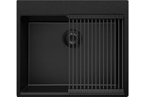 Spülbecken Alles Schwarz 58x50cm, Granitspüle 1 Becken + Ablauf-Set + Aufrollbare Abtropffläche, Küchenspüle ab 60er Unterschrank - Oslo Top von Primagran