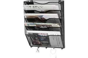 JEBELE Bürodokumentenorganizer Hängende Wand-Dateiablage, Mesh-vertikaler Taschenmagazinständer, A4-Papier-Dateidokumentenhalter Büroorganisator mit Etiketten-Design (5 Black with Key Hooks)