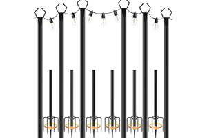 AHRLHR 6Pack 3M String Light Poles，Metal Light Poles for Outside String Lights，Freestanding Outdoor Light Poles，Hanging Light Poles for Patio,Backyard,Garden,Deck,Party,Wedding
