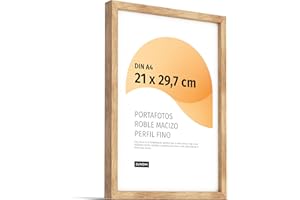 JUNOMI® Marco de fotos Premium de roble DIN A4 (21x29,7cm) – Madera auténtica, cristal sintético inastillable, perfil estrecho, diseño minimalista, uso vertical u horizontal