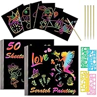 Vicloon Rainbow Scratch Art, 50Pcs Black Magic Scratch Art Notes Painting Boards Arts and Crafts for Kids with 4 Stencils 5 W