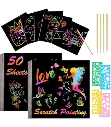 Cartes A Gratter 50 Cartes à Gratter Arc-en-ciel - Avec Stylos Bois Et Gabarits Papier A Gratter