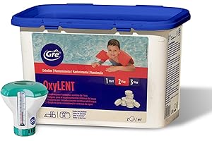 MANUFACTURAS GRE S.A. Oxígeno activo Gre en pastillas de 20 g – OXI Lent 1,2 kg + dosificador flotante para piscina y spa hidromasaje.