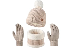Decorie 3 Pezzi Set Sciarpa Cappello Guanti per Bambini con Fodera in Caldo Ispessito Pile - Cappello Invernale Bambino con Pompon,Scaldacollo Pile e Guanti Ragazza Ragazzo per 5-10 Anni