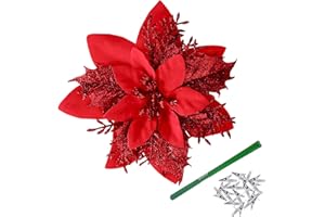 Bafenli 15 Pezzi 14CM Fiori di Natale Glitter Fiori Artificiali di Poinsettia Albero di Natale Ornamenti con Clip Stelo per DIY Ghirlanda Festa Casa Vacanze Decorazioni - Rosso