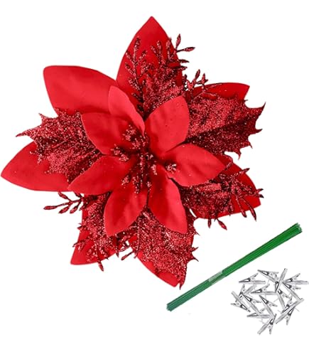 RXXR Lot De 10 Branches De Pin Artificielles De Noël Avec Baies Rouges Et Branches De Pin à Feuilles Persistantes - Décoration De Noël - Flocons De