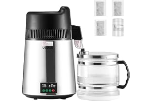 VEVOR 6 liter ren vattendestilleringsapparat för bänkskivor, effektiv glasdestillerare, 900 W, insida av rostfritt stål, för beredning av rent vatten, silver, 300 x 300 x 500 mm