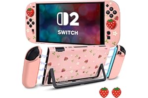 DLseego Coque de Protection pour Switch 2,Fraise Mignonne Dockable Dur Anti-Rayures Antichoc Design Housse de Protection avec 2 Cover pour Poignée Souple et 2PCS Capuchon de Joystick,Fleur de Fraise
