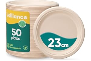 Jolliance Assiettes Jetables 100% Compostables - 23 CM, Lot de 50. Solides, en fibre de bagasse de canne à sucre brune naturelle. Biodégradable