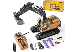 LTFIOON Escavatore RC 3-in-1 Telecomandato con Benna Artiglio e Trivella in Metallo 2.4GHz 14 Canali Rotazione 680° Luci LED e 2 Batterie Giocattolo Costruzione Regalo per Bambini 3-12 Anni