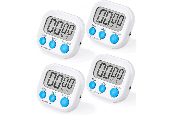4 Pièces Minuteur de Cuisine Magnétique,Birshe Mini Minuteur de Cuisine Minuterie de Cuisson avec Grand écran LCD, Alarme Puissante pour Cuisiner, Jouer, Cuisiner, Faire de l'exercice Blanc