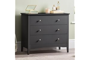 CHRISTOW Black Chest Of Drawers, 3 Drawer Storage Organiser Unit, Modern Wooden MDF Bedroom Cabinet Furniture, Living Room Hallway, Brushed Chrome Handles, Smooth Glide Runners (70cm x 80cm x 40cm)