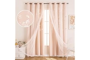 UNISTAR 2 Panels Unicorn Curtains for Kids Girls Bedroom Aesthetic Living Room Decor Double Layer Star Cut Out Baby Pink Window Wall Home Decoration,W52 x L63 Inches