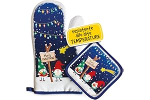 EVENUE Set Guanto Forno e Presina Natalizia, Idee Regalo Natale Donna, Mamma e Nonna, Utili ed Originali per la Casa e Cucina, Personalizzati Con Illustrazione Originale Elfi Merry Christmas