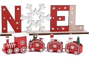 BHGT Mini Tren de Madera + Adornos Navideños Mesa Noel Decoración Navidad Hogar Mesa Ornamento Navidad Fiesta Regalo Rojo