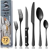 BEWOS Black Cutlery Set for 12 People, 72-Piece Stainless Steel Cutlery Set with Steak Knives, Knife Spoon Fork Cutlery Set M