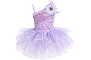 IWEMEK Enfant Filles Robe Ballet Danse Classique Justaucorps Paillettes sans Manches Spaghetti Sangle Tutu Tulle une Pièce + Broche Fleur Plume Costume Gymnastique Patinage Ballerine 3-10 Ans
