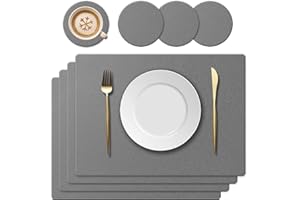 KERYCHIN Silicone Placemats and Round Glass Coasters, Washable Heat Resistant 220 °C, Non-Slip and Waterproof, Decorative Accessories for Restaurant, Kitchen, Hotel, 40 x 30 cm, 8 Pieces, Dark Grey