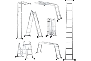 GiantexUK 3.7M/12FT Telescopic Ladder, 7 in 1 Aluminium Folding Extendable Ladder with Stabilizer Bars & Locking Hinges, Heavy Duty Portable Multi-Purpose Combination Step Ladder, 150KG Load
