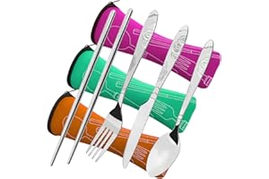 CKANDAY 3 Pack Couvert Camping, 12 pièces Voyage Couteau Cuillère Fourchettes Baguettes et 3 étui de Transport, Argenterie Vaisselle pour Pique-Nique Randonnée Table Cuisine, Rouge/Vert/Orange