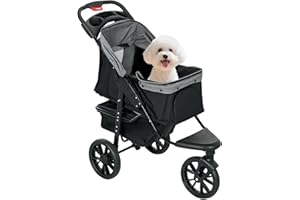 PawHut Carrito para Perros Plegable Cochecito para Mascotas Carrito para Perros Pequeños con 3 Ruedas Ventanas de Malla Cesta y Correas de Seguridad Carga 25 kg 109,5x57,5x106,5 cm Gris