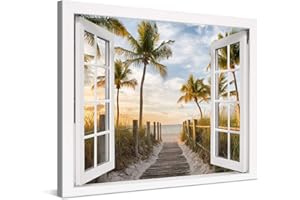 PICANOVA – Cuadro Sobre Lienzo Palm Path to the Sea Window 80x60cm – Impresión En Lienzo Montado Sobre Marco De Madera (2cm) – Disponible En Varios Tamaños – Colección Playas