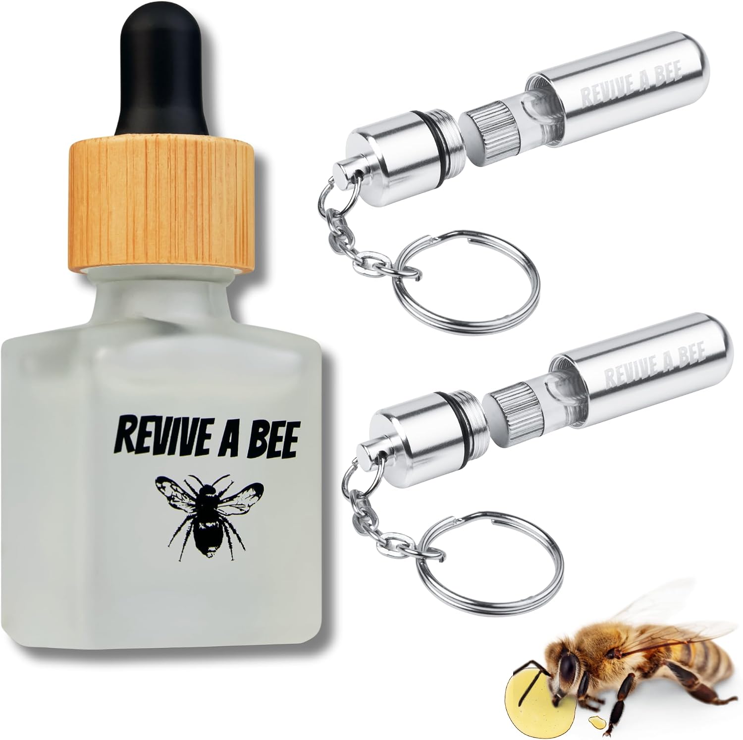 Revive a Bee Gift Box, 2 x Bee Revival Kit Keyrings, 1x Refill Bottle & Plantable Seed Paper, Gift For Eco-Conscious Nature Lovers