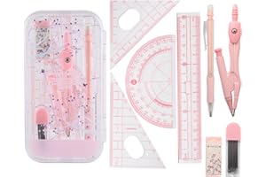 HEMIKS 8 Pcs Math Geometry Set, Geometry Compass Sets School Drawing Compass and Protractor Set for Students' Mathematics Teaching and Learning Drawing Geometric Figures Kids Stationery Gifts Pink