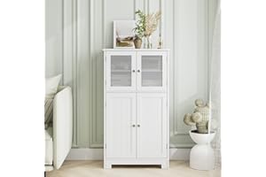 HOCSOK Mueble Columna de Baño, Mueble Auxiliar de Almacenaje con 4 Puertas y Estante Ajustable, Armario de Madera de Suelo para Entrada, Salón y Cocina, Blanco, 60x30x108.5cm