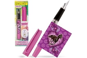 Online Stylo-plume pour apprendre à écrire - Avec plume pour débutant - Rose - Avec joli design de cheval - Pour droitiers - Pour filles et garçons - Robuste et ergonomique - Avec cartouche d'encre -