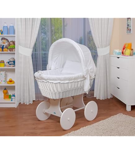 Culla Con Cappotta Waldin XXL - In Vimini Naturale, Con Ruote E Accessori, Bianco - Foto 11