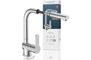 ‎SCHÜTTE Schütte Niederdruck Küchenarmatur LONDON mit ausziehbarer Geschirrbrause, Armatur für Boiler/Untertischgeräte, 360 Grad schwenkbarer Wasserhahn Küche, Mischbatterie Spültischarmatur 79719, Chrom