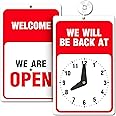 Open, Be Back Soon Sign With Clock - 9.25 x 5.75 Inch - Includes Suction Cup - Ideal Open Close Sign for Shop Window or Door - Perfect Closed for Lunch Sign Or Back in 10 Minutes Sign