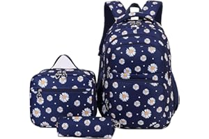 SIVENKE Daisy Printed School Backpack Set with Lunch Bag Pencil Case 3 Pieces School Bags for Teens Girls Boys Primary Junior Middle School Water Resistant Lightweight Bookbag Travel Rucksack