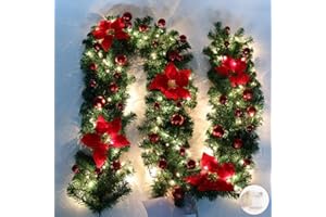 Queta Girlanda choinkowa, dekoracja bożonarodzeniowa, girlanda z bombkami, wieniec z kwiatów, kula ze światłem LED, do drzwi wejściowych, 270 cm (czerwona)