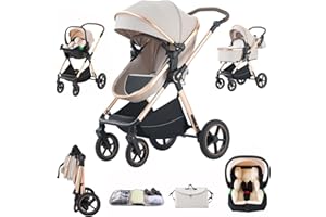 Shineey 3 in 1 Pram Pushchair Aluminium Frame High Landscape Combined Buggy Lightweight Folding Stroller 3 in 1 Travel System Pram for Newborns Toddlers 0-36 Months from Birth (RICEWHITE-D, D2)