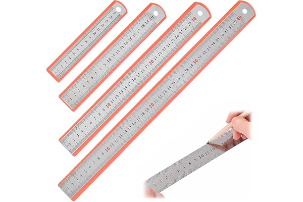 Jiavlyx 4 stål linjaler Metall linjal set, 15/20/30/40 cm rostfritt stål linjal, metall linjal med dubbla sidor skala kant, m
