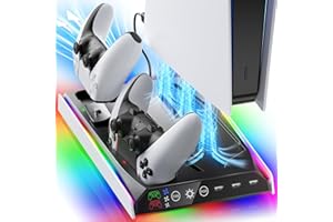 Fenolical PS5/PS5 Slim/PRO-Ständer mit Einstellbarem Kühllüfter, Vertikaler PS5-Kühlladeständer für PS5/PS5 Slim, Multifunktionale PS5 Slim-Kühlstation mit Dual-Controller-Ladegeräten und RGB-Licht