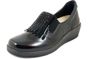 Cinzia Soft, Mocassini Donna Scarpe Linea Ortopedica Sanitaria in Pelle Lucida Nero con Strass, Zeppa Bassa, Plantare Estraibile, 51162