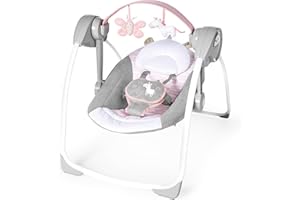 Ingenuity, Columpio Compacto y Plegable Flora el Unicornio, 6 velocidades de balanceo, temporizador, 12 melodías, arco de juegos extraíble, rosa, desde recién nacido hasta los 9 kg, 1 Unidad
