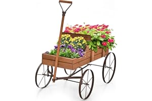 RELAX4LIFE Macetero de Madera Maciza con 4 Ruedas de Metal, Carro para Plantas con 2 Jardineras Grandes y Asa Flexible, Jardineras Exterior Grandes para Jardín, Balcón y Terraza, Carga 15kg (Marrón)