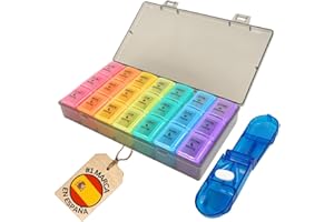 PEPPER® Pastillero Semanal 3 Tomas Español + Corta Pastillas | Organizador de Medicamentos Grande y Diario | Pastilleros Semanales para Viaje, Personas Mayores, Letras Resistentes