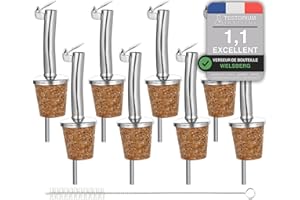 Welsberg 8x Bouchon Verseur en Liège et 1 Brosse de Nettoyage, Becs Verseurs avec Clapet, Verseur Réutilisable pour Bouteilles de vin, d'huile, de liqueur, de vinaigre