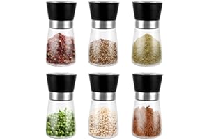 FWEEK 6er Set Salz und Pfeffermühle, 180 ml Gewürzmühle mit Manuell Einstellbarem Keramikmahlwerk, 13X6.4CM Transparent Gewürzmühlen Set für Verschiedene Gewürze