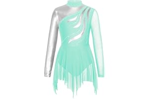 Alvivi Vestido Brillante de Danza para Niña Manga Larga Maillot con Falda Ballet Tul Vestido de Patinaje Artístico Disfraz de Bailarina Competición 5-16 Años