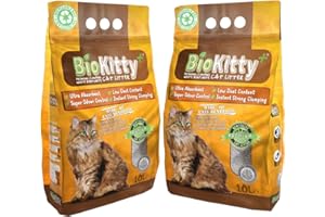 BioKitty 2 Pack Of Clumping Cat Litter, Highly Absorbent Natural Bentonite Cat Sand Litter, Unscented Long Lasting Odour Control Cat Litter, Cat Litter 2x10L (20L, Unscented)
