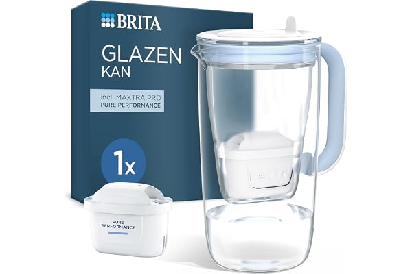 BRITA Maxtra glasfilterkaraff, 1 ren prestandapatron | Ljusblå, 2,5 L, BRITA Smart Light LTI, fällbart lock, minskar föroreningar, lite PFAS**, klor och metaller