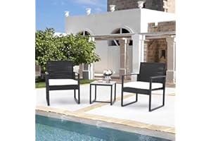 XEO HOME Outdoor 3-Pieces Rattan Bistro Set Wicker Garden Furniture Conversation Set, Coffee Table with Glass Top and 2 Chairs and Washable Removeable Cushions for Balcony Backyard Pool side (Black)