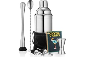 CECILIEC Cocktail Shaker Set, 8 Teiliges Cocktail Set Boston Shaker, Cocktailshaker Bar Zubehör Set, 2 Ausgießer, Muddler, Jigger, Rührlöffel, Samtbeutel, integriertes Sieb (Silber)